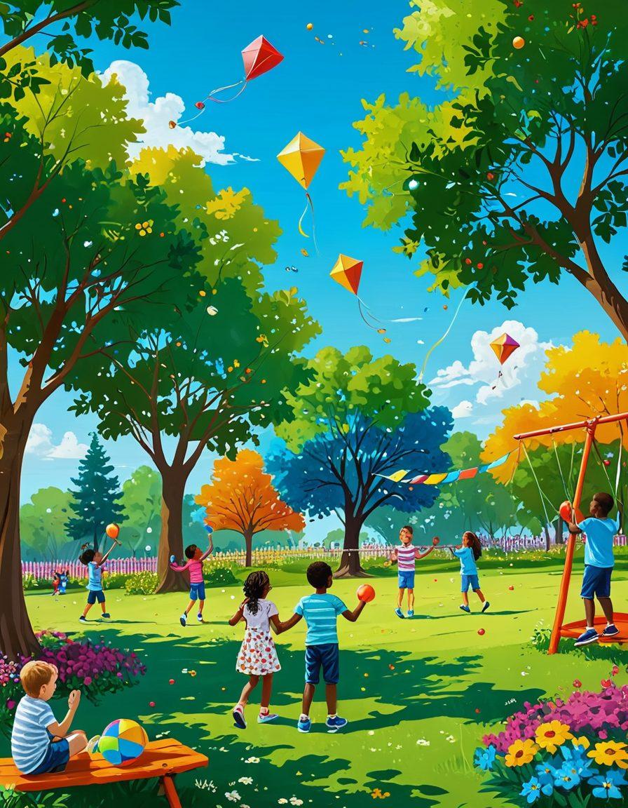 A whimsical scene showcasing a colorful playground filled with diverse families joyfully playing with various fun toys like kites, bubbles, and juggling balls. In the background, lush green trees and a bright blue sky enhance the atmosphere of happiness and togetherness. Children of different ages are laughing and sharing moments, while vibrant flowers dot the landscape, representing joy and playfulness. The overall mood is cheerful and inviting. vibrant colors. digital illustration.