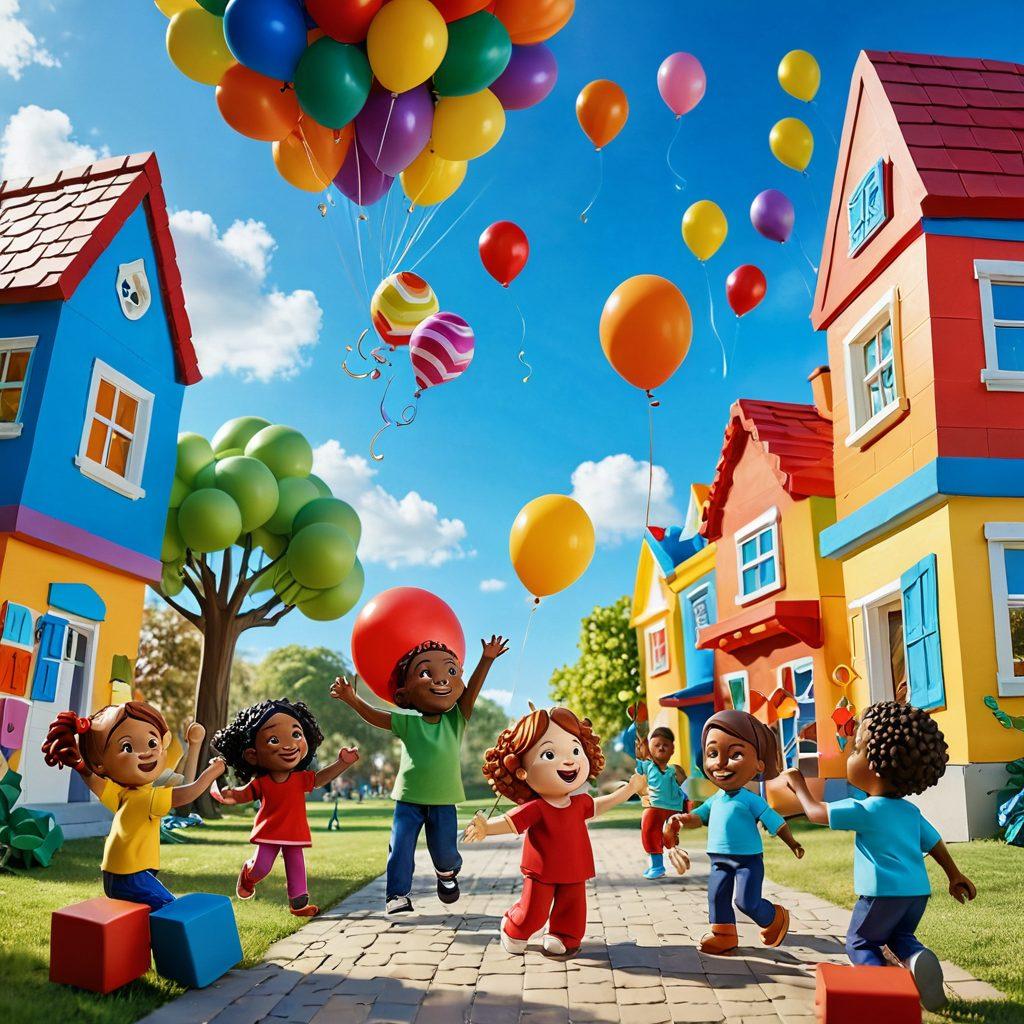 A vibrant scene showcasing a diverse group of children joyfully playing with a variety of exciting toys, including colorful building blocks, imaginative action figures, and engaging art supplies. The backdrop features a sunny park filled with laughter and playful energy, with balloons and kites soaring in the sky. Emphasize expressions of creativity and joy on the children's faces, capturing the essence of fun and laughter in playtime. bright colors. whimsical style. 3D.