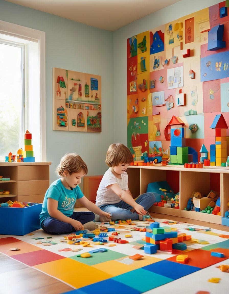 A colorful, engaging playroom filled with a variety of educational toys for kids, showcasing a joyful child playing with building blocks and another child engrossed in a puzzle, surrounded by vibrant walls decorated with fun murals. The scene should evoke feelings of excitement and creativity, highlighting the endless possibilities of learning through play. bright and cheerful. super-realistic. vibrant colors.